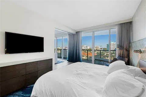 a bedroom with a bed and a flat screen tv