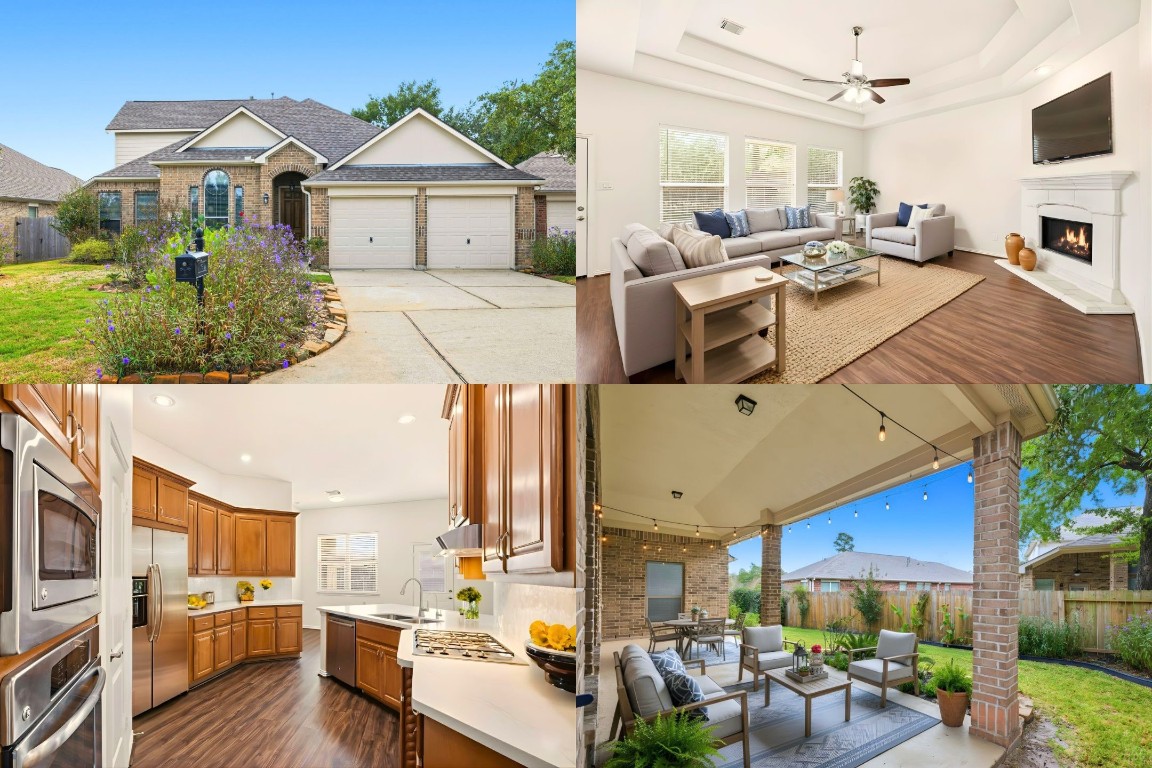 a view of living room kitchen with furniture and fireplace