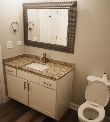 a bathroom with a granite countertop toilet sink and mirror