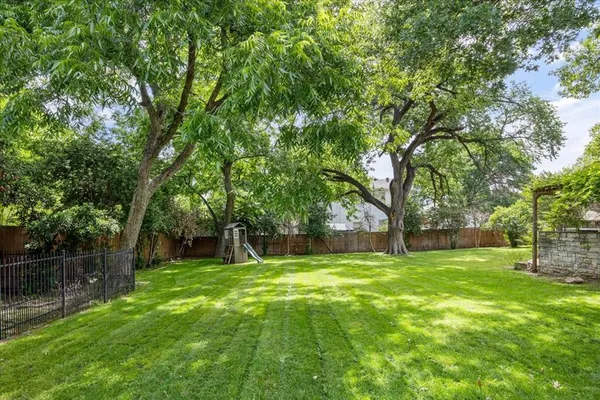 a view of a backyard with a large tree
