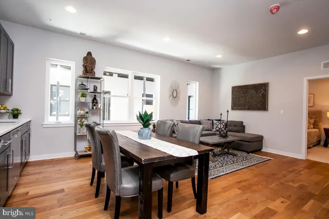 a view of a dining room with furniture