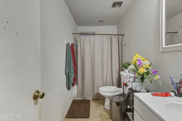 a bathroom with a sink toilet and shower curtain
