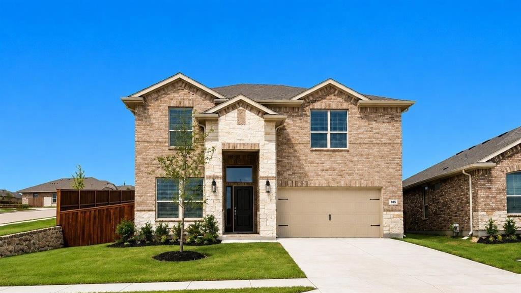 105 Hugo Court Rhome, TX 76078 - Photo 37 of 40 Front Elevation-D.R. Horton's Redrock floor plan elevation-D -All Home and community information, including pricing, included features, terms, availability and amenities, are subject to change at any time without notice or obligation. All Drawings, pictures, photographs, video, square footages, floor plans, elevations, features, colors and sizes are approximate for illustration purposes only and will vary from the homes as built.
