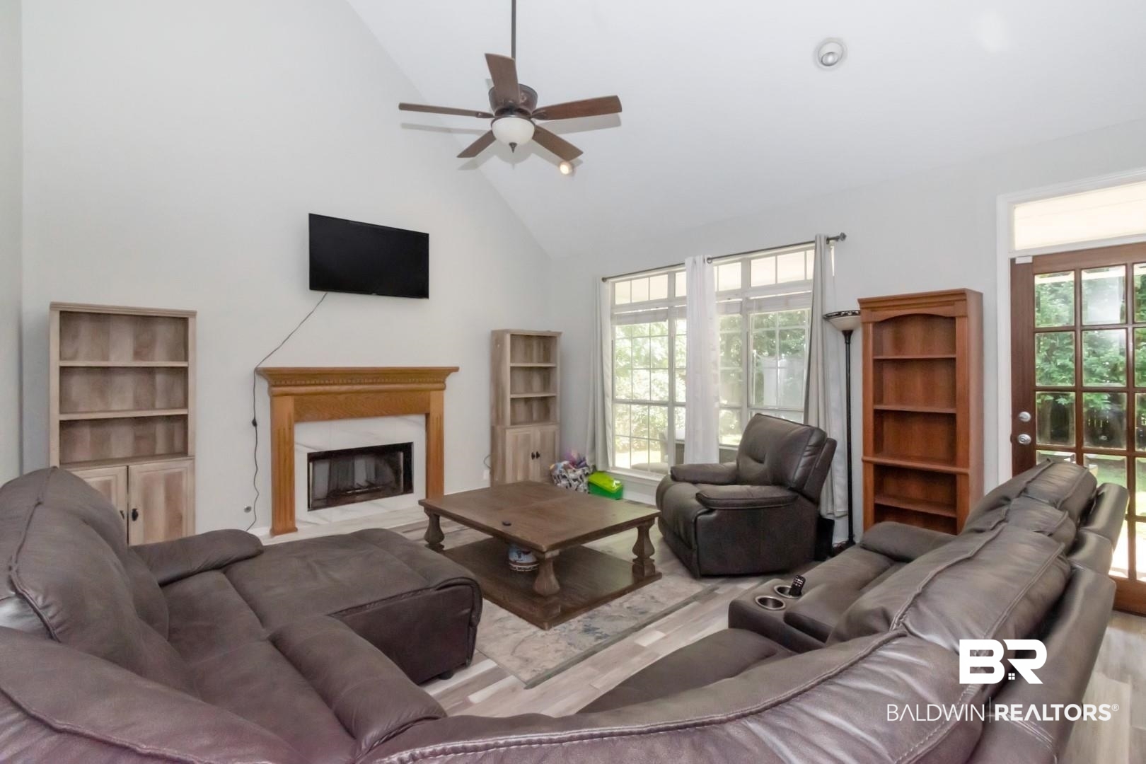 9991 Wedgefield Court Mobile, AL 36608 - Photo 5 of 30 Living room with light hardwood / wood-style flooring, ceiling fan, and high vaulted ceiling