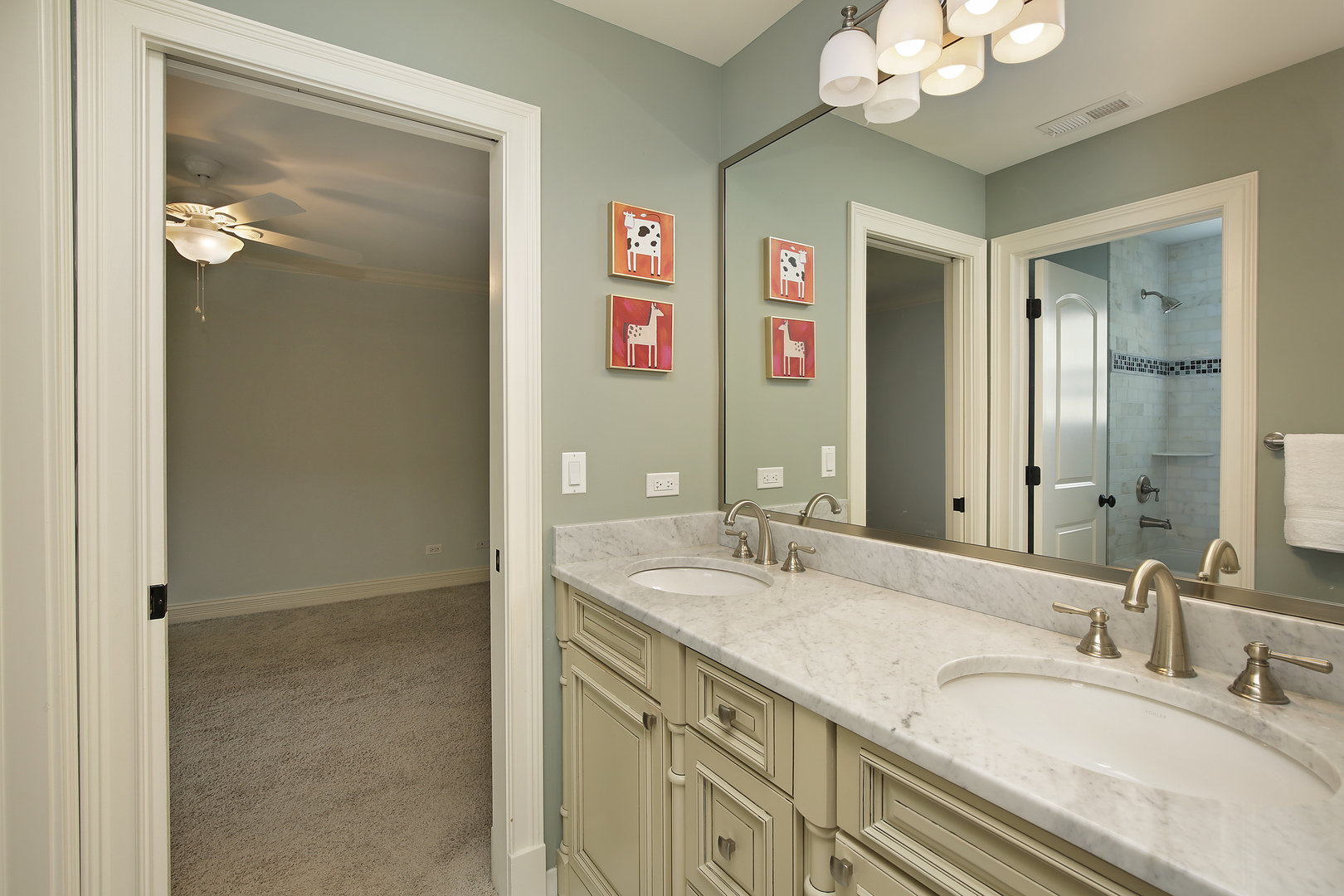 2215 Pinehurst Drive Glenview, IL 60025 - Photo 17 of 31 a bathroom with a granite countertop sink a mirror and a shower