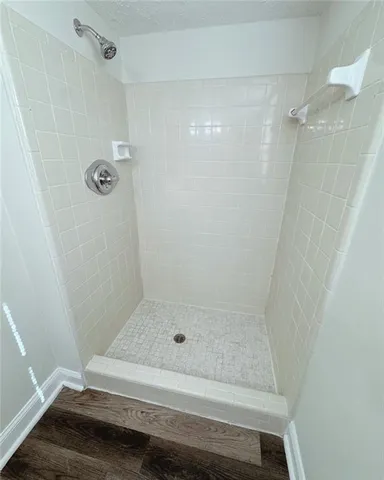 a bathroom with a bathtub and a shower