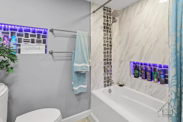 a bathroom with a toilet and a bathtub