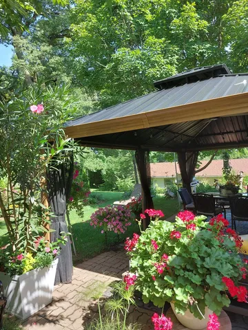 a backyard of a house with lots of flower plants