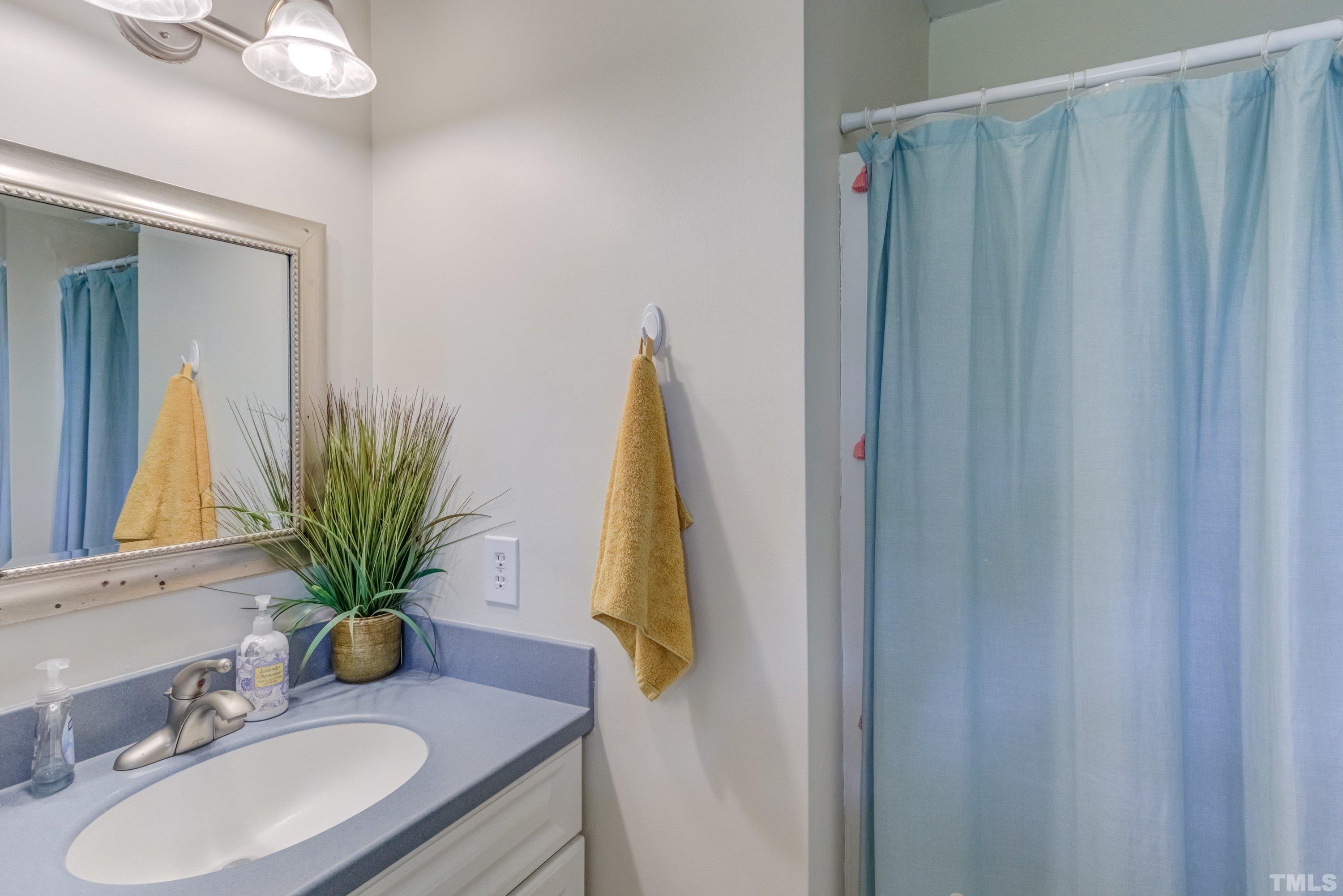 6806 Ray Road Raleigh, NC 27613 - Photo 22 of 32 a bathroom with a granite countertop sink a mirror and a shower curtain