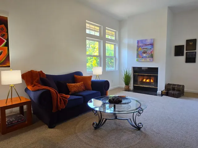 a living room with furniture and a fireplace
