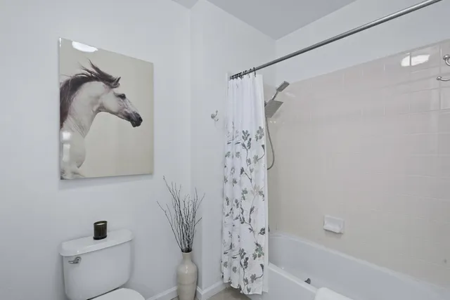 a bathroom with a shower curtain and a toilet