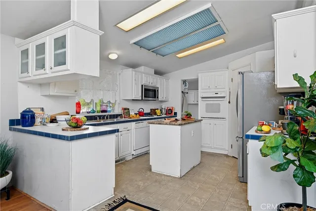 a kitchen with stainless steel appliances a sink a counter top space cabinets and a potted plant