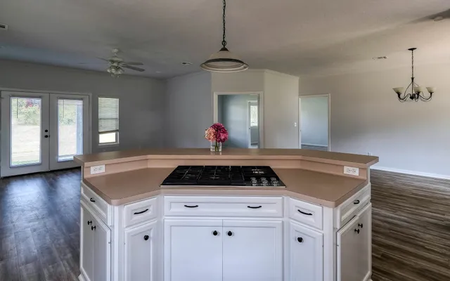 a view of kitchen and hall with wooden floor