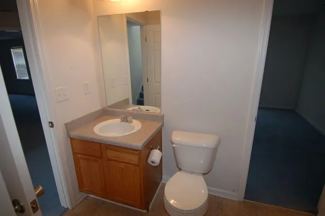 a bathroom with a toilet a sink and a mirror