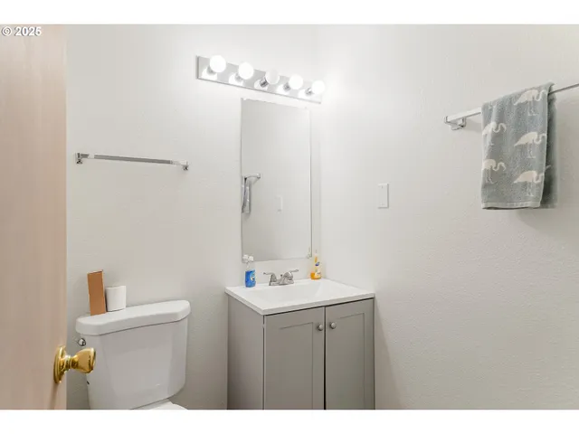 a bathroom with a sink vanity and toilet