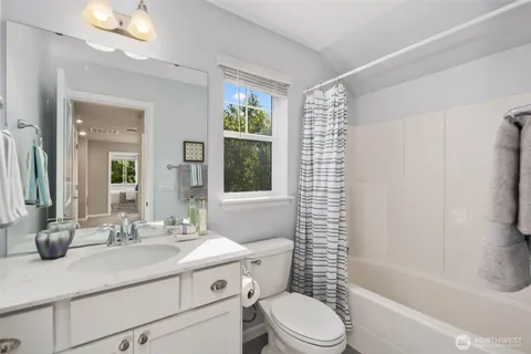 a bathroom with a sink a toilet a mirror a vanity and shower