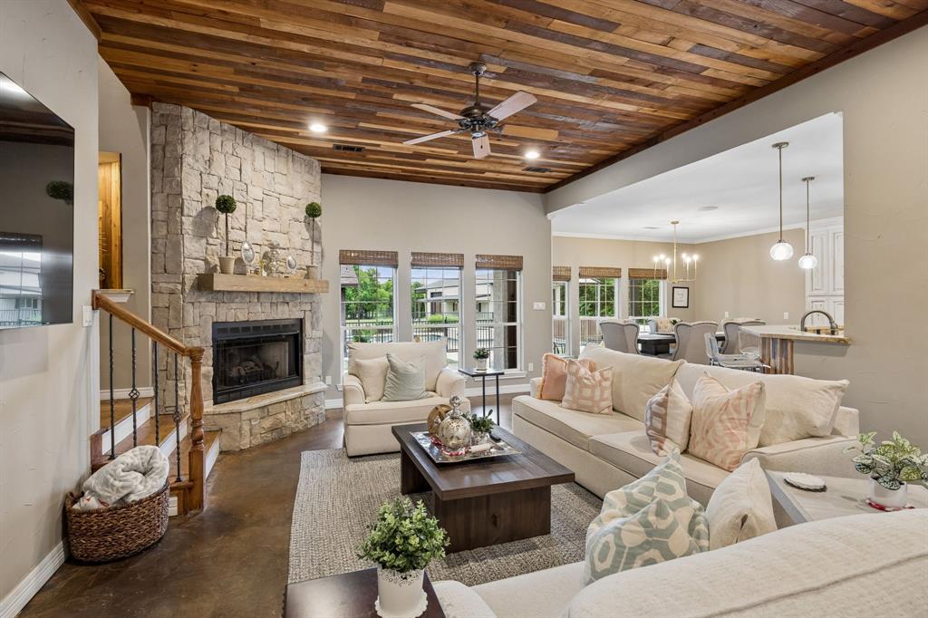 1700 Rock Ridge Road Lucas, TX 75002 - Photo 6 of 37 The wood ceiling and stacked stone fireplace give the family room a cozy, rustic charm.