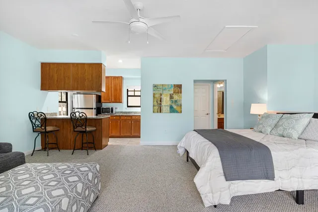 a bedroom with a bed and furniture