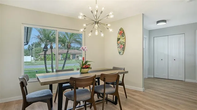 a view of a dining room with furniture window and wooden floor