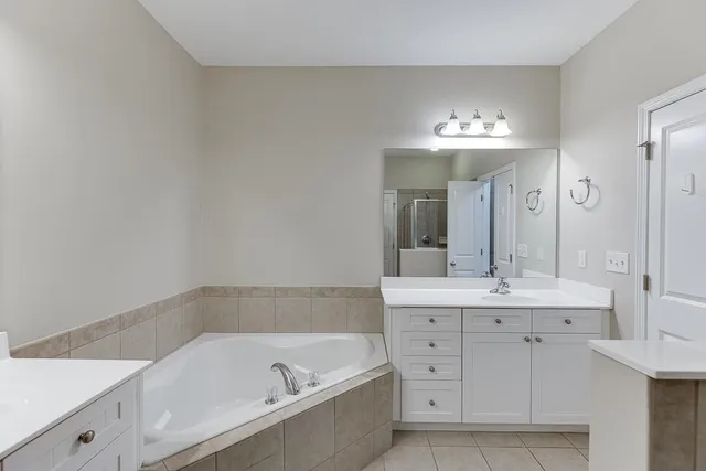 a bathroom with a tub sink and mirror