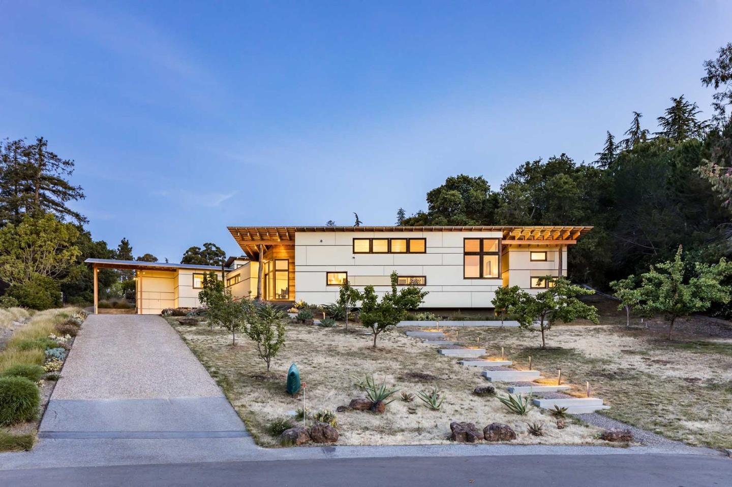 a view of a street with a building in the background