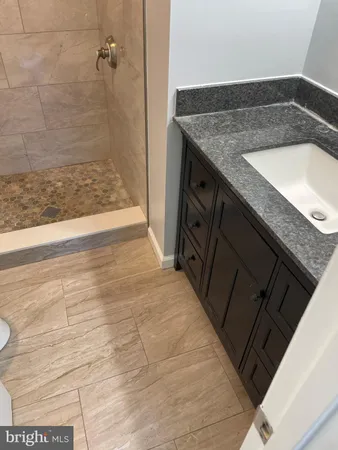 a bathroom with a granite countertop sink and shower