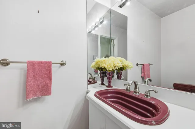 a bathroom with a sink a potted plant and a mirror