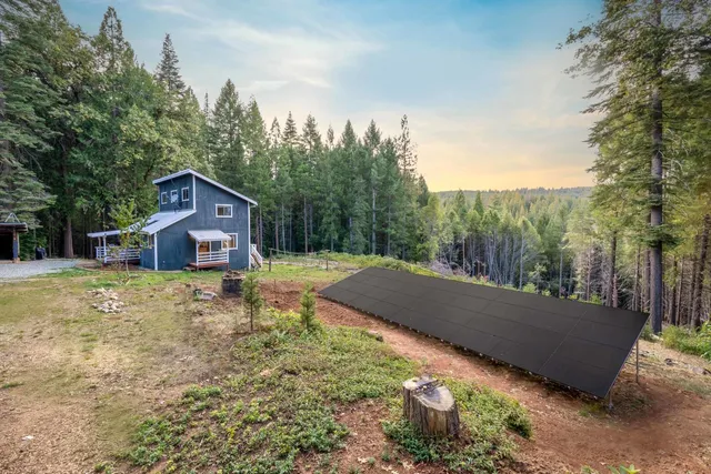 a garden view with a seating space