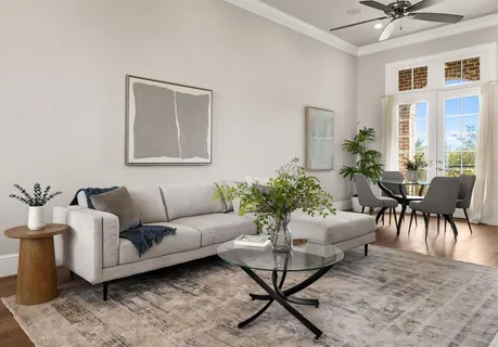 a living room with furniture and a potted plant