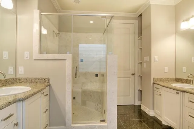 a bathroom with a granite countertop shower sink and mirror