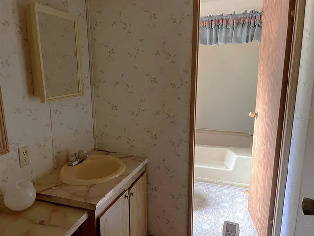 a bathroom with a sink and a mirror