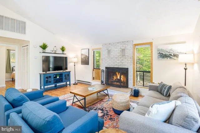 a living room with furniture a flat screen tv and a fireplace