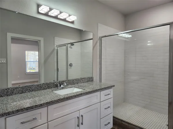 a bathroom with a granite countertop sink a mirror and a shower
