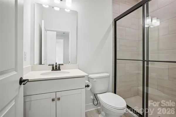 a bathroom with a sink toilet vanity and mirror