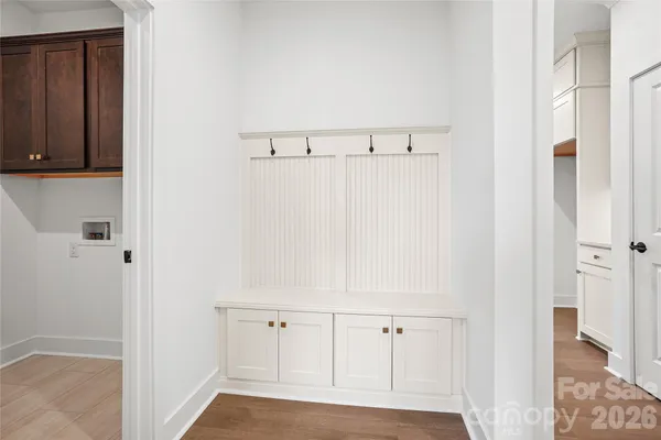 a room with a wooden cabinets