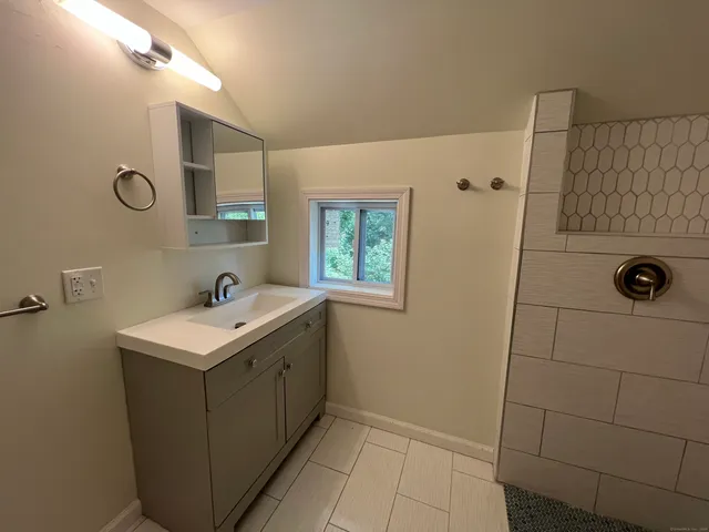 a bathroom with a sink a toilet and mirror