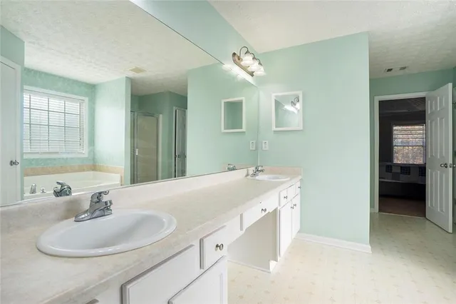 a bathroom with a double vanity sink and a mirror