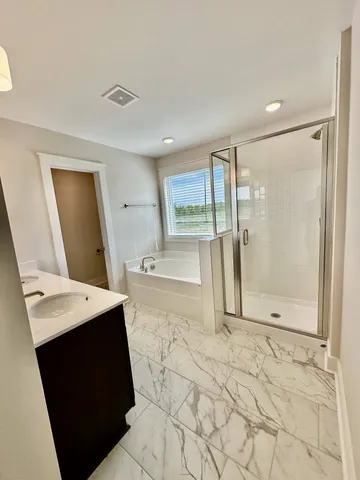 a bathroom with a sink a mirror and a shower
