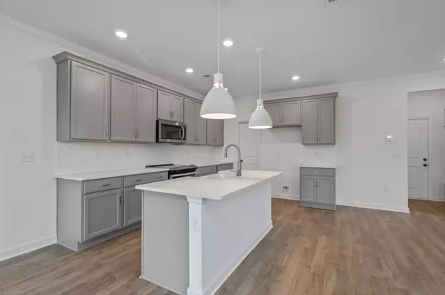 a kitchen with stainless steel appliances granite countertop a sink dishwasher a stove and a refrigerator with wooden floor