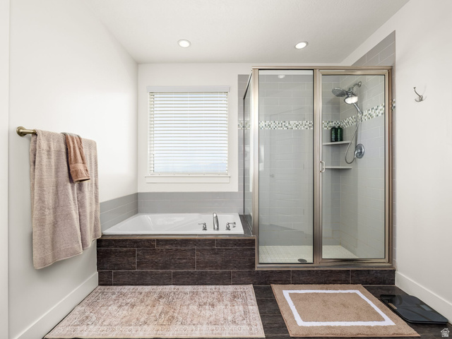 117 Ridge View Drive Elk Ridge, UT 84651 - Photo 20 of 42 Bathroom with a stall shower, a bath, and recessed lighting