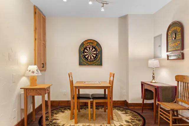 a view of a dining room with furniture