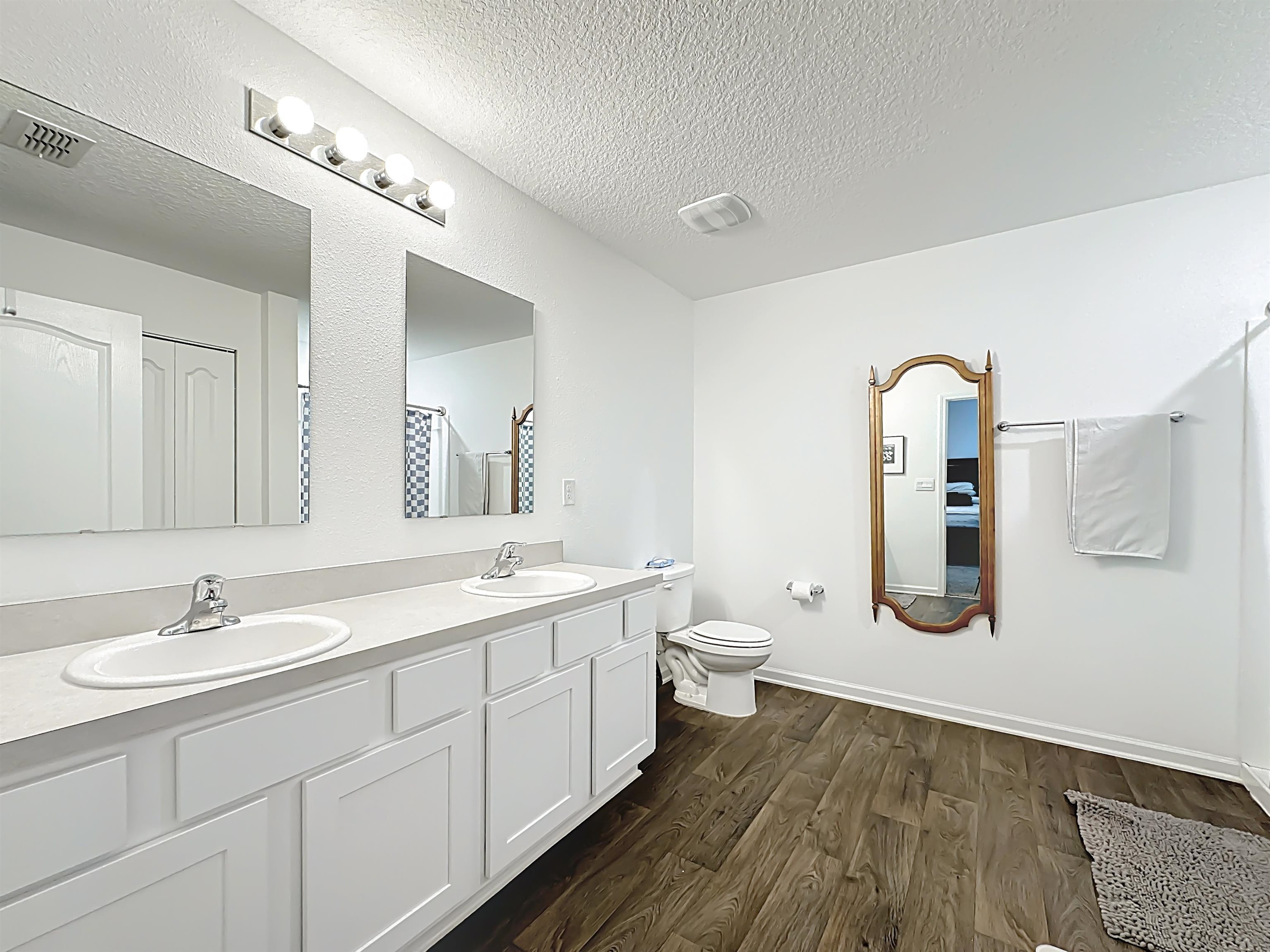 16 Encanto Way Street St. Augustine, FL 32084 - Photo 23 of 56 Bathroom featuring double vanity, a textured ceiling, and dark wood-type flooring