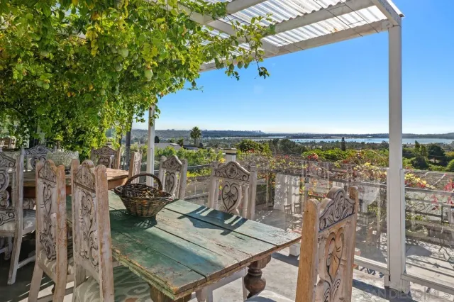 a view of a chairs and table in patio