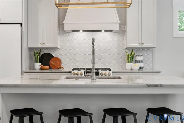 a kitchen with a stove and a potted plant