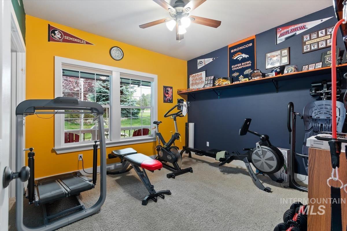 10462 West Lanktree Gulch Road Star, ID 83669 - Photo 23 of 48 Spacious room featuring dual windows, a ceiling fan, plush carpet flooring, and a built-in wall shelf