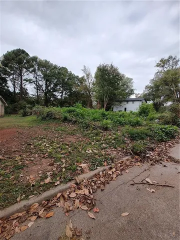 a view of a field with trees in background