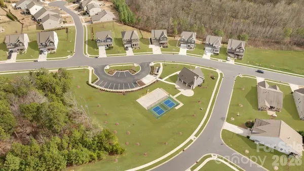 an aerial view of a swimming pool