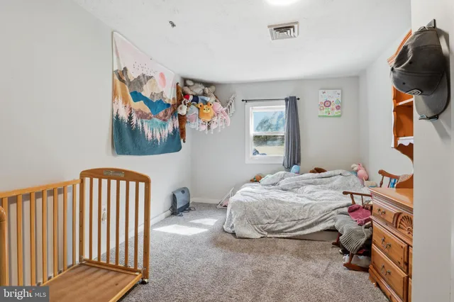 a bedroom with a bunk bed and dresser