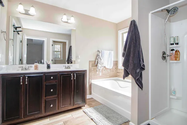 a bathroom with a double vanity sink a tub and a mirror