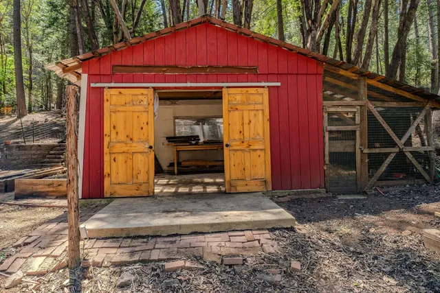 a view of a yard with large trees